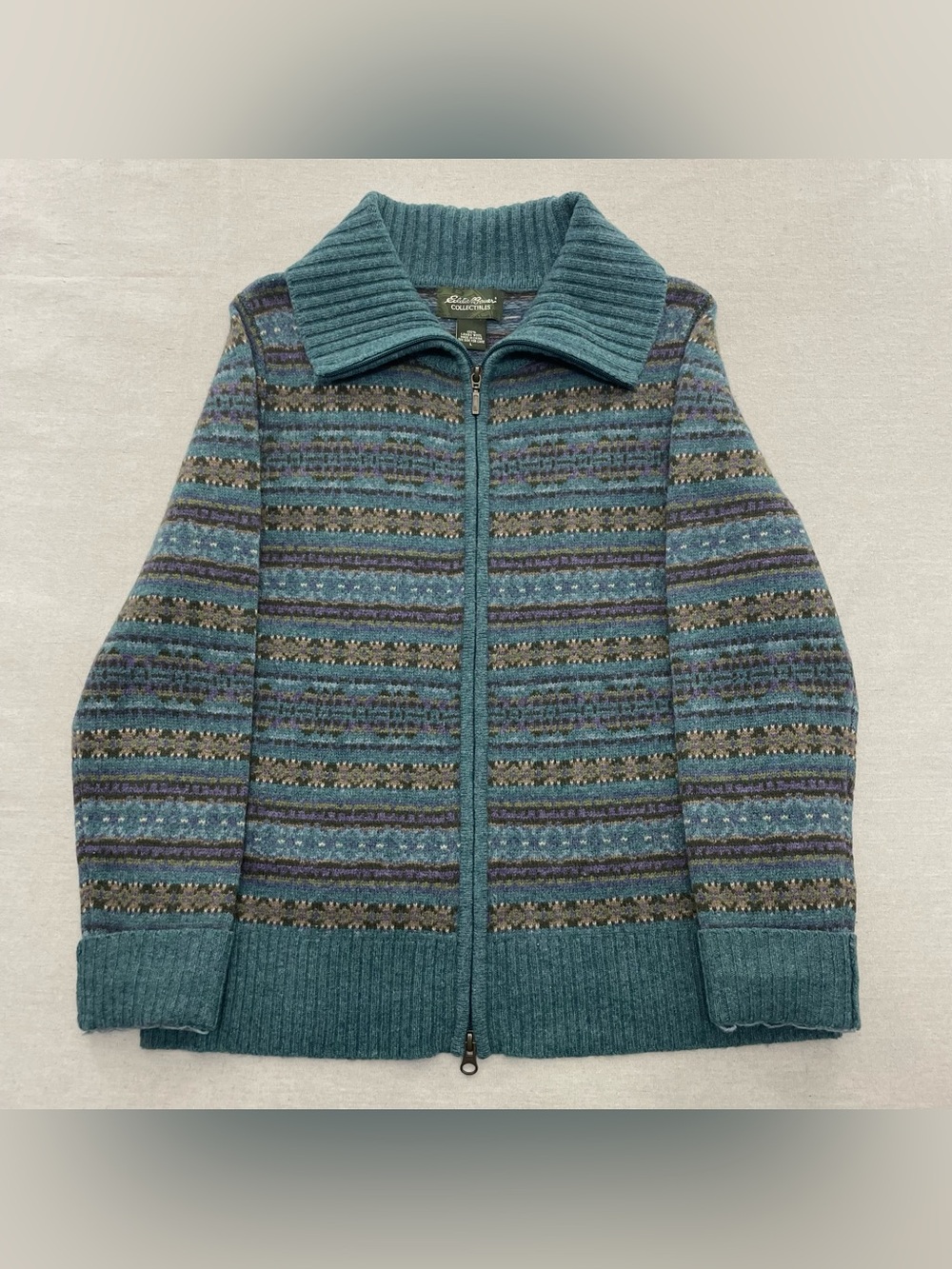 Eddie Bauer Wool Cardigan Sweater Women's L Teal Collectibles Fair Isle Collar